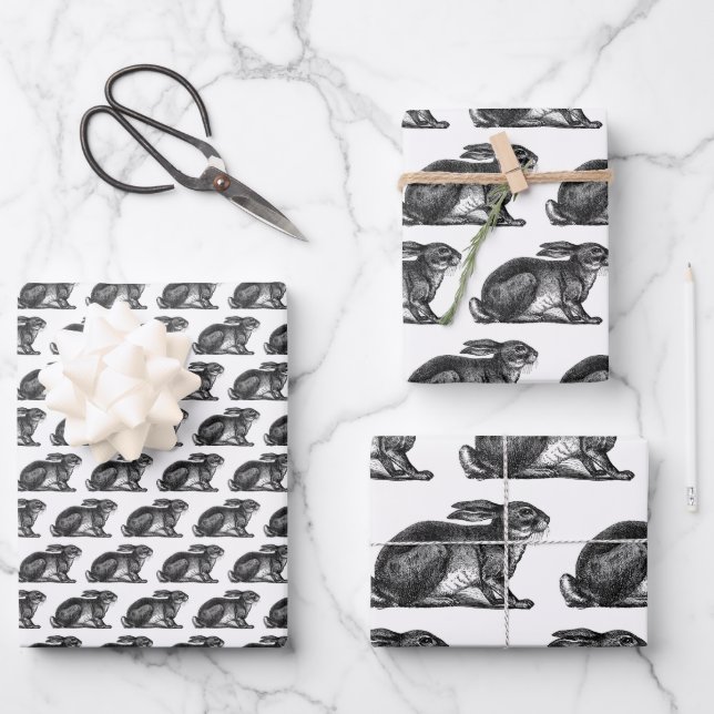 Bunny Rabbit Wrapping Paper Sheets Black & White Geschenkpapier Set (Vorderseite)