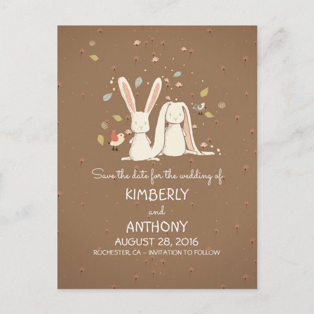 Bunny Rabbits Niedlich Couple Save the Date Ankündigungspostkarte (Vorderseite)