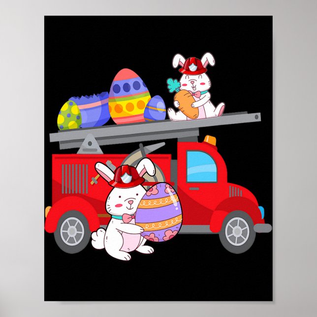 Bunny Riding Fireruck Ostertag Feuerwehrmann Poster (Vorne)