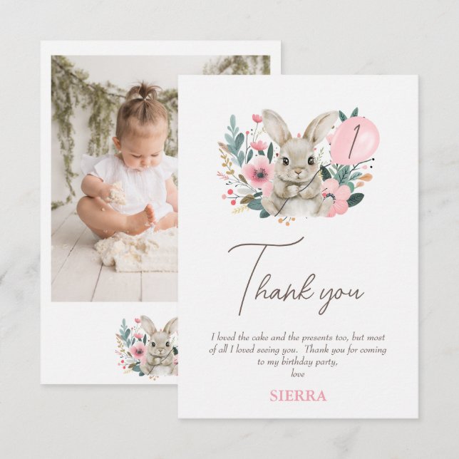 Bunny rose floral Carte de remerciements d'anniver (Devant / Derrière)