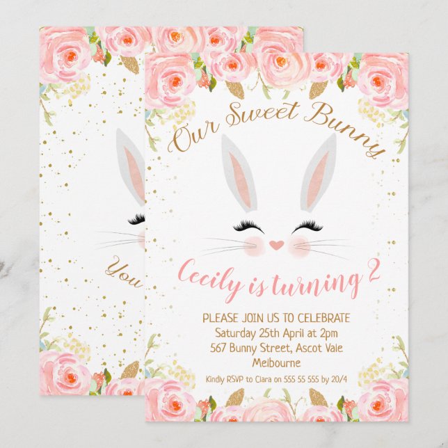 Bunny rose Floral Visage Anniversaire Invitation (Devant / Derrière)