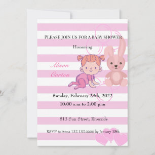 Bunny rose rayures fille invitation baby shower