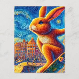 Bunny Skateboarden Braunes Surreales Farbintensive Postkarte