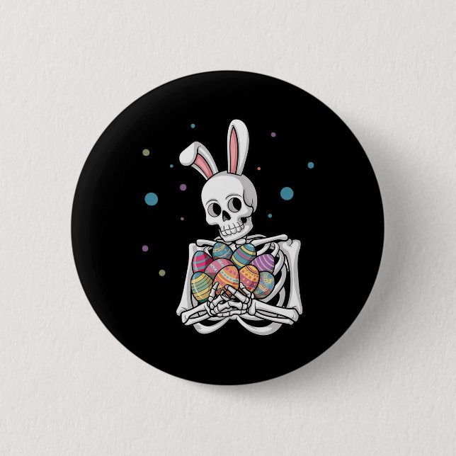 Bunny Skeleton Holding Easter Eggs Funny Easter Da Button (Vorderseite)