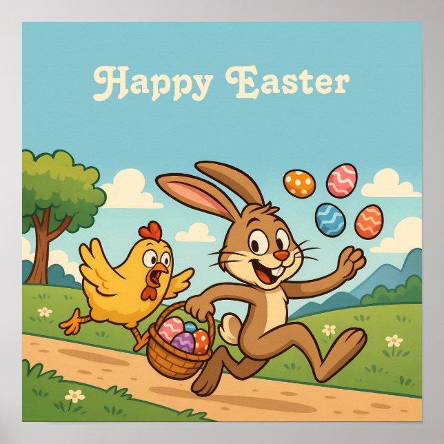 Bunny Steals Eggs von Hen | Funny Oaster Cartoon Poster (Vorne)