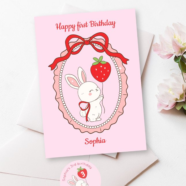 Bunny Strawberry Balloon Happy Birthday Card Karte (Von Creator hochgeladen)