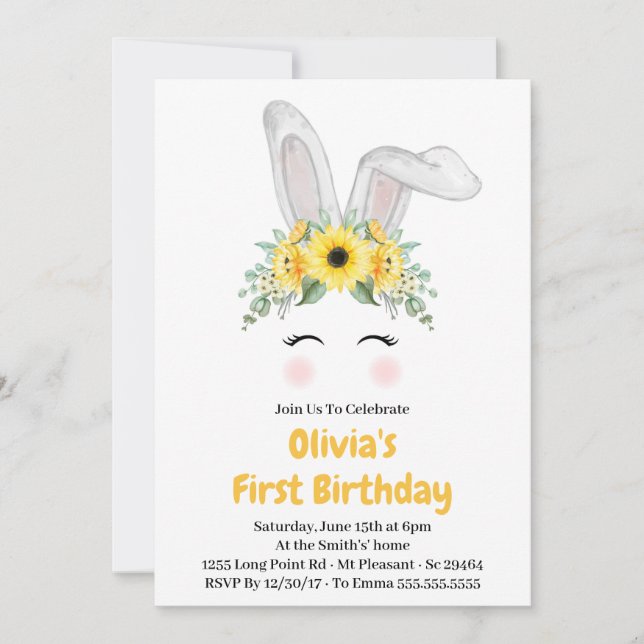 Bunny Sunflower Girl Erster Geburtstag Party Einladung (Vorderseite)