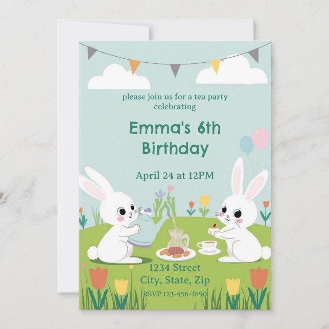 Bunny Tea Party Birthday Invitation | Cute Rabbits Einladung (Vorderseite)