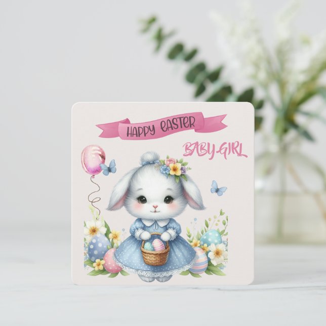 Bunny und Ostern Basket Happy Oaster Baby Girl Karte (Stehend Vorderseite)
