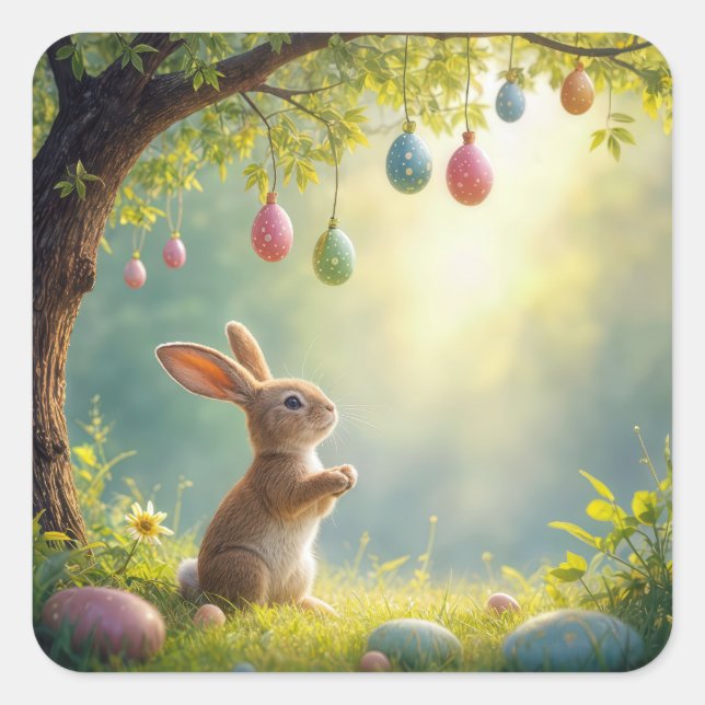 Bunny Under a Ostereier Tree Quadratischer Aufkleber (Vorderseite)