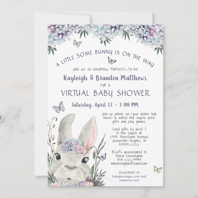 Bunny Watercolor Lila Virtual Baby Dusche Einladung (Vorderseite)