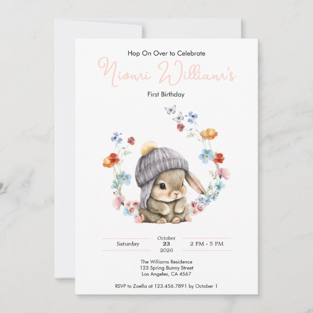 Bunny Wildflower 1st Birthday Invitation Einladung (Vorderseite)