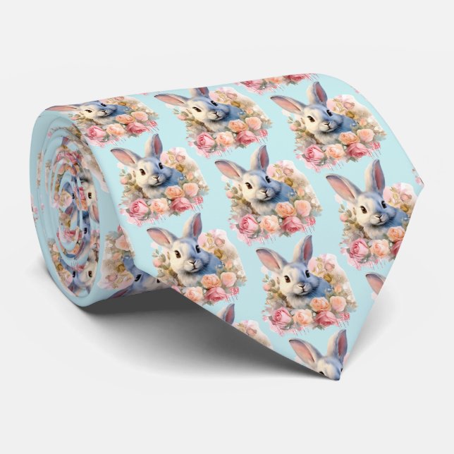 Bunny with a Garland of Roses Cute Pattern Krawatte (Gerollt)