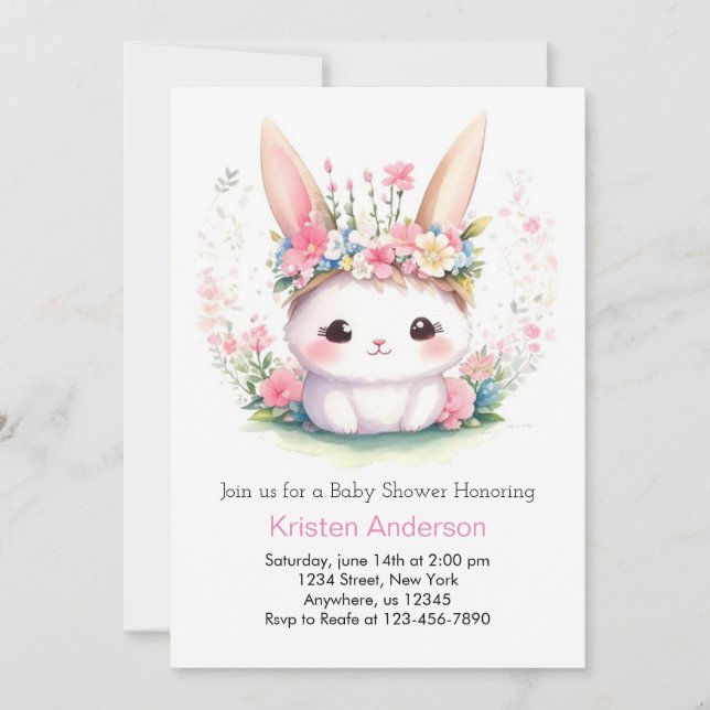Bunny Wonderland Watercolor Girl Babydusche Einladung (Vorderseite)