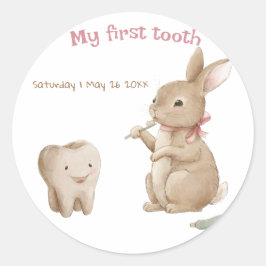 Bunny's Girl First Tooth Party Runder Aufkleber
