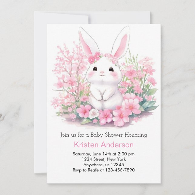 Bunny's Pink Woodland Adventure Baby Shower Einladung (Vorderseite)