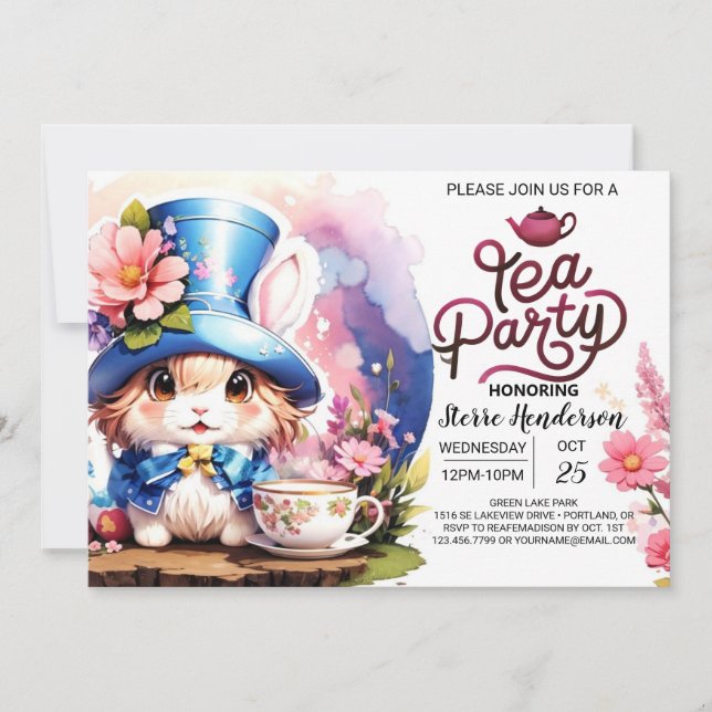 Bunny's Wonderland Tea Party Babydusche Einladung (Vorderseite)