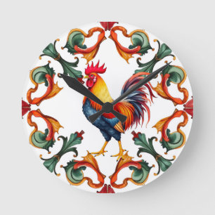 Bunt, Mittelmeer-, Mosaik, Hahn, Vogel, Runde Wanduhr