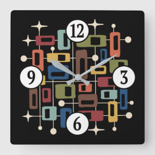 Bunt Retro Mitte des Jahrhunderts Modern Atomar Ab Quadratische Wanduhr