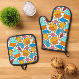 bunt-trendiger Kuchen, Lollypop und Süßigkeiten Ofenhandschuh & Topflappen-Set