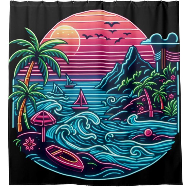 Bunt. Tropischer/hawaiianischer Nebel Duschvorhang (Vorderseite)