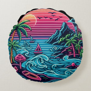 Bunt. Tropisches/Hawaiianisches Neon Rundes Kissen
