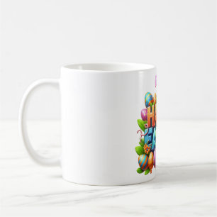 Bunte 3D-Happy-Easter-Typografie mit Hasenohren Kaffeetasse