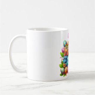 Bunte 3D-Happy-Easter-Typografie mit Hasenohren Kaffeetasse