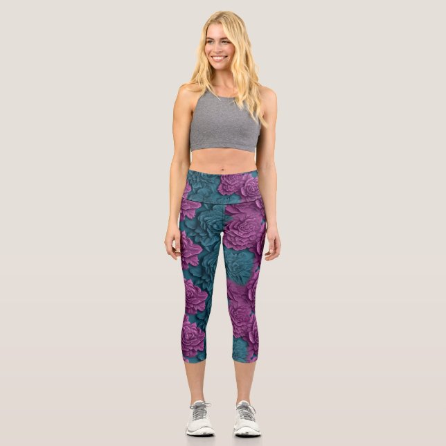 bunte 3D-Peony Capri Leggings (Vorderseite)