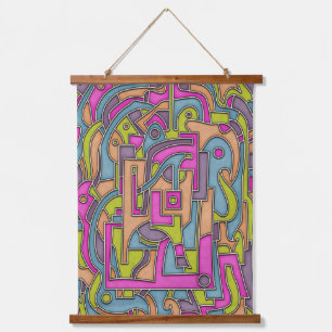 Bunte 60er Mod Geometrisch Abstrakt Wandteppich Mit Holzrahmen