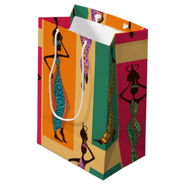 Bunte afrikanische Damen Mittlere Geschenktüte (Rückseite Schrägansicht)