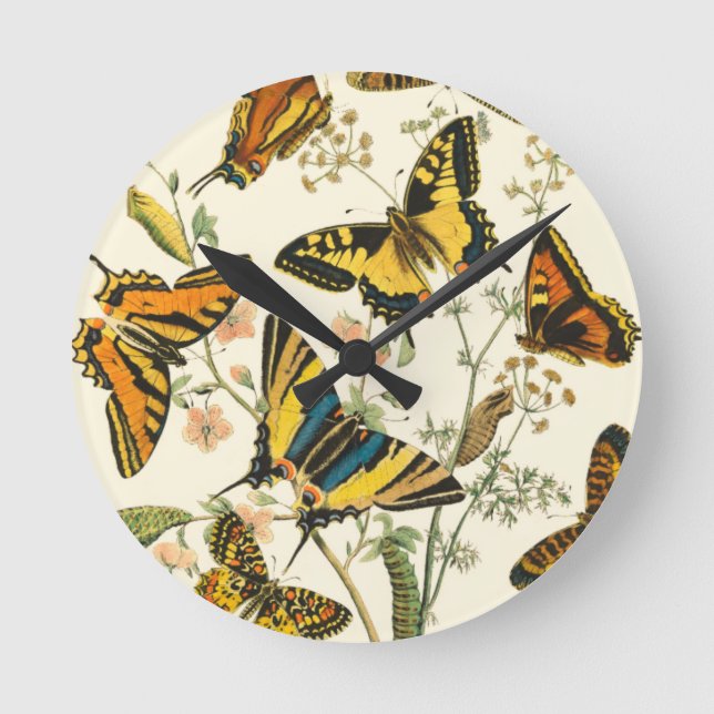 Bunte Ansammlung der Schmetterlinge und der Raupen Runde Wanduhr (Vorderseite)