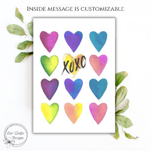 Bunte Aquarell-Herzen XOXO Valentinstag Karte