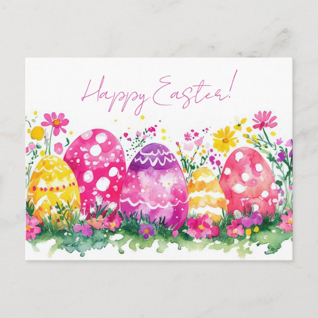 Bunte Aquarell Oster Postkarte mit Ostereiern (Vorderseite)