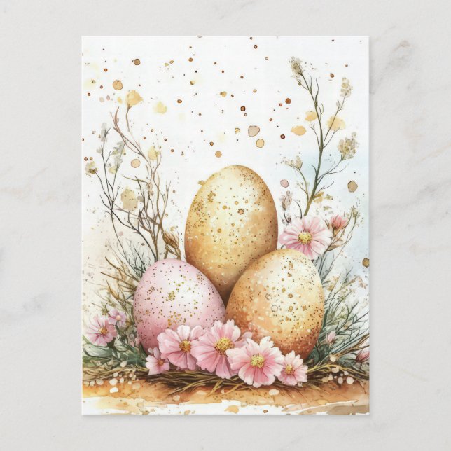 Bunte Aquarell Oster Postkarte mit Ostereiern (Vorderseite)