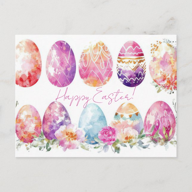 Bunte Aquarell Oster Postkarte mit Ostereiern (Vorderseite)