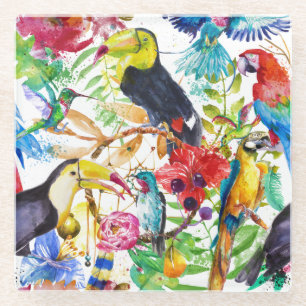Bunte Aquarell-Papageien 2 Glasuntersetzer