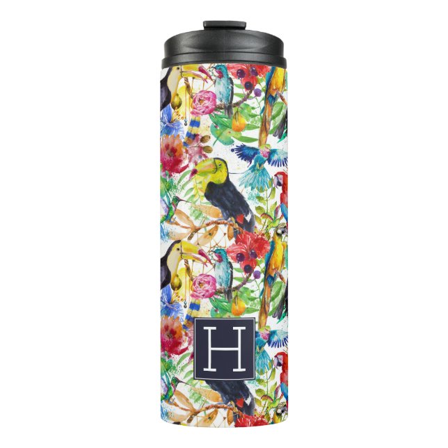 Bunte Aquarell-Papageien | addieren Ihre Initiale Thermosbecher (Vorderseite)