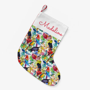 Bunte Aquarell-Papageien addieren Ihren Namen Kleiner Weihnachtsstrumpf
