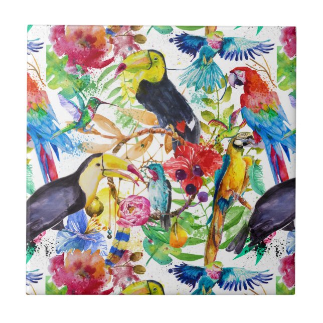 Bunte Aquarell-Papageien Fliese (Vorderseite)
