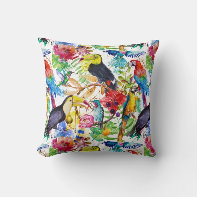 Bunte Aquarell-Papageien Kissen (Vorderseite)