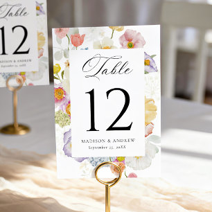 Bunte Aquarell-Wildblumen-Hochzeit Tischnummer