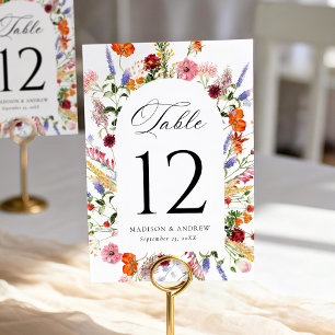 Bunte Aquarell-Wildblumen-Torbogen-Hochzeit Tischnummer
