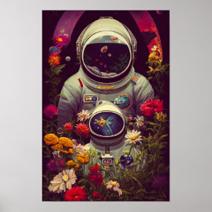 Bunte Astronauten im Weltraum mit Blumen Kunstwerk Poster