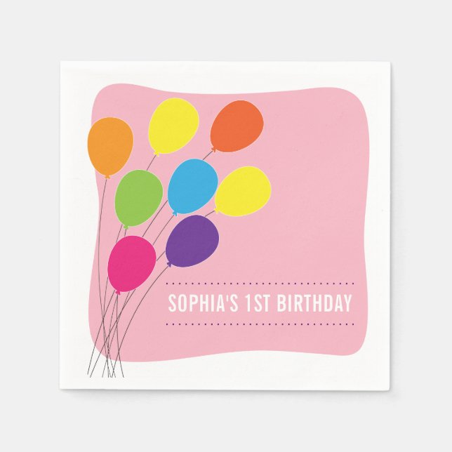 Bunte Balloons Girls 1. Geburtstag Party Serviette (Vorderseite)
