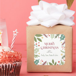 Bunte Berry Foliage Frohe Weihnachtsgeschenke Quadratischer Aufkleber
