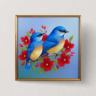 Bunte Blaue Vögel sitzen zwischen roten Blumen Button