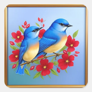 Bunte Blaue Vögel sitzen zwischen roten Blumen Quadratischer Aufkleber