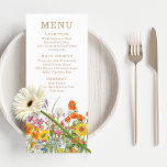 Bunte Blume Hochzeit Menükarte<br><div class="desc">Das bunte "Wild Blume Country Wedding Menu" bietet Ihnen hübsche Blume in Orange, Gelb, lila und Rosa auf weißem Hintergrund. Personalisieren Sie den Text in den Textfeldern, indem Sie ihn bearbeiten. Entwickelt für Sie von ©Evco Studio www.zazzle.com/store/evcostudio</div>