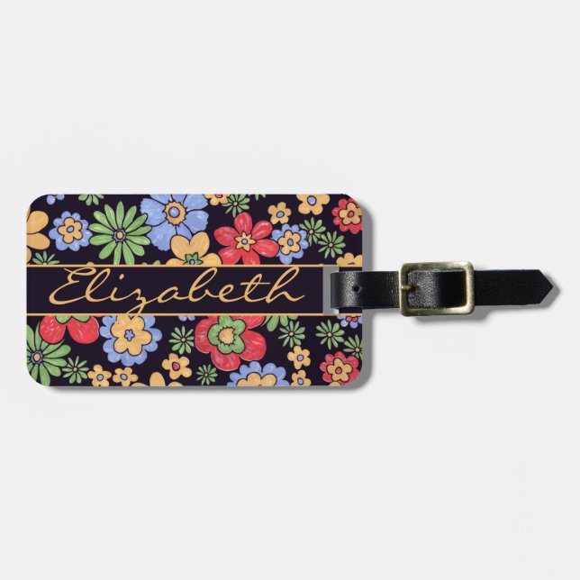 Bunte Blumen addieren Namen und Zahl Gepäckanhänger (Vorderseite horizontal)